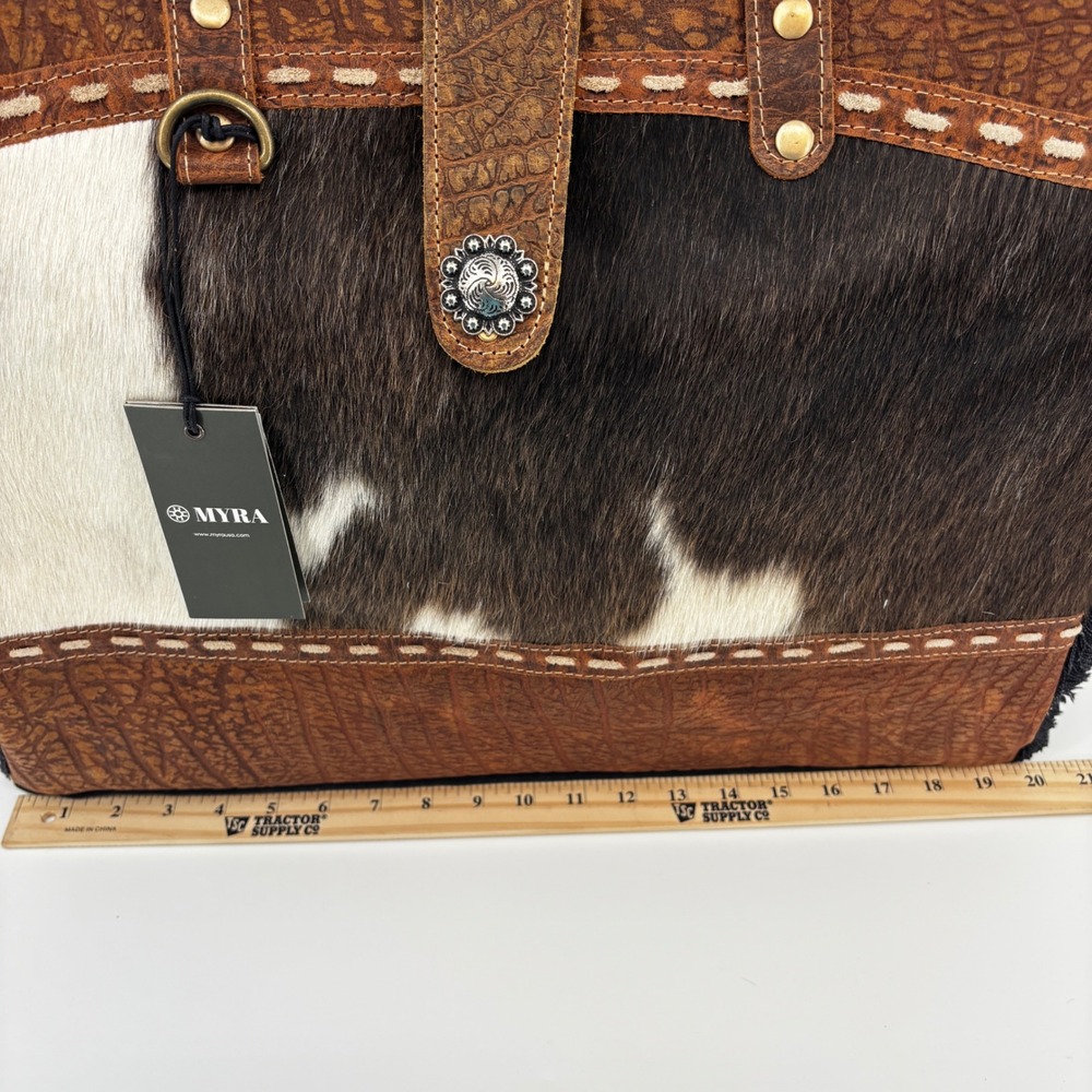 Myra Asher Weekender Bag Women's Brown Cowhide Leather Denim S-6780 Boho New - Picture 2 of 14
